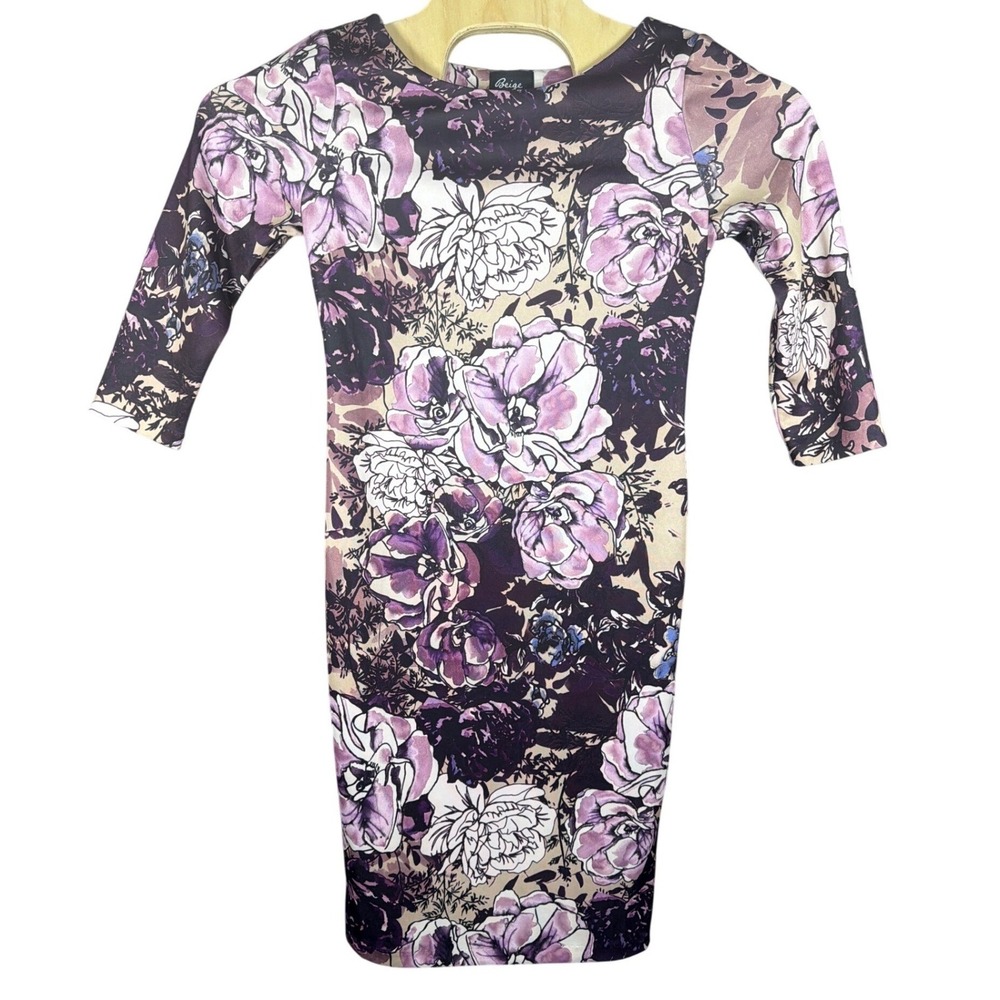 Beige by ECI Purple Floral Sheath Dress Side Zipper Slit 3/4 Sleeve Womens Sz 4